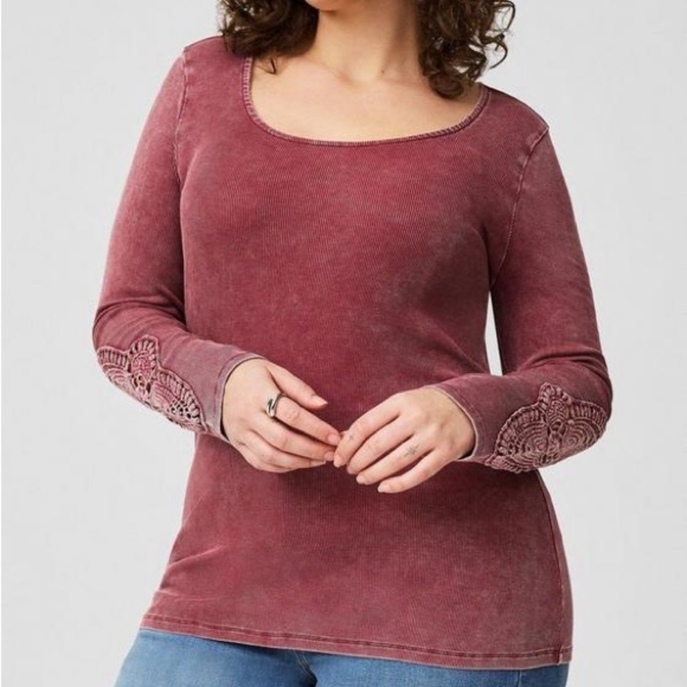 TORRID Plus size Cotton Modal Rib Scoop Neck Crochet Long Sleeve Top 0X Purple